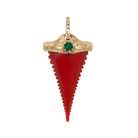 Gucci 18K Yellow Gold Synthetic Red Coral and Malachite Shark 